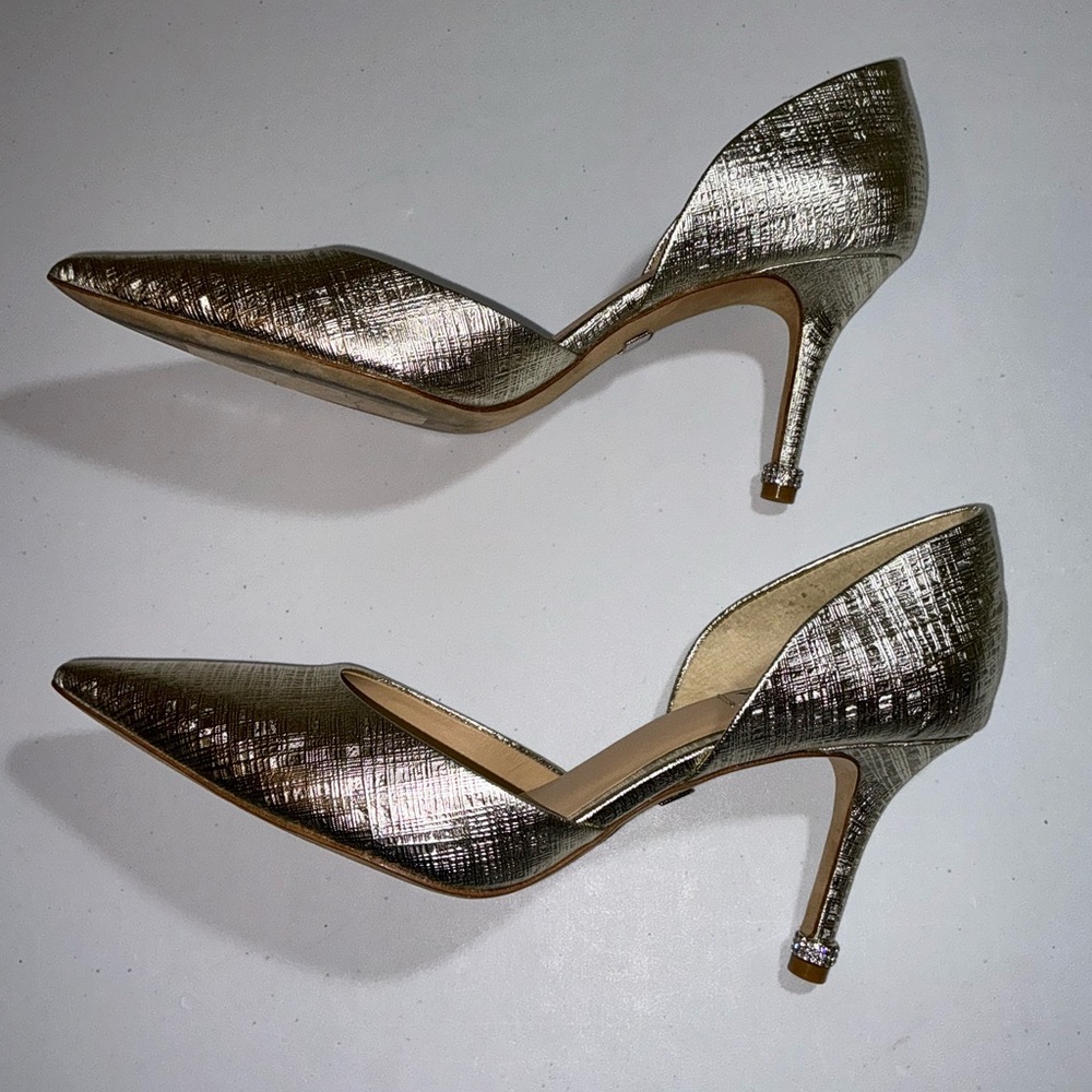 BADGLEY MISCHKA Metallic Gold Heels Rhinestone Trim 10 M - Picture 7 of 16